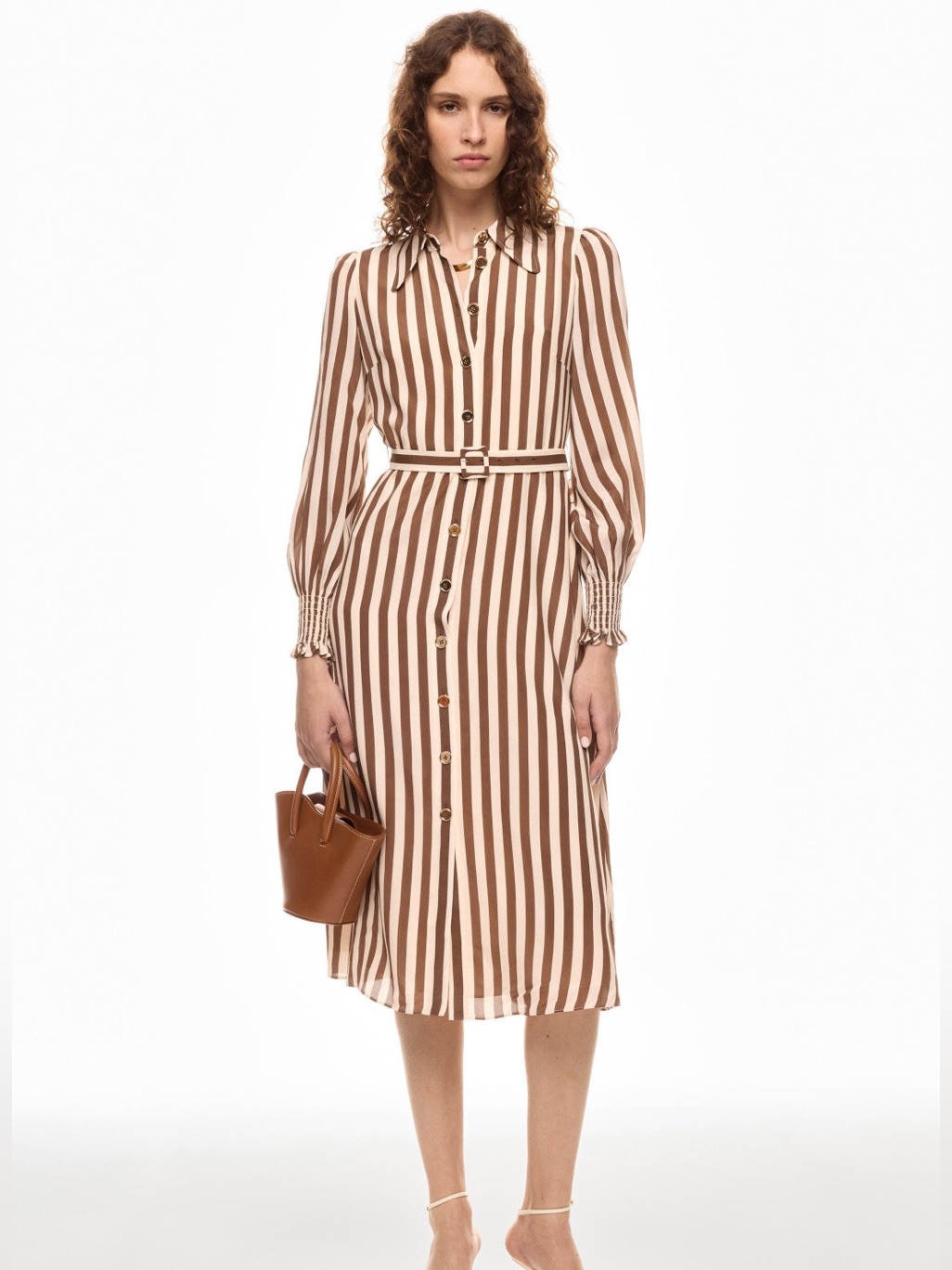 Lk Bennett Brown And Cream Striped Midi Shirtdress